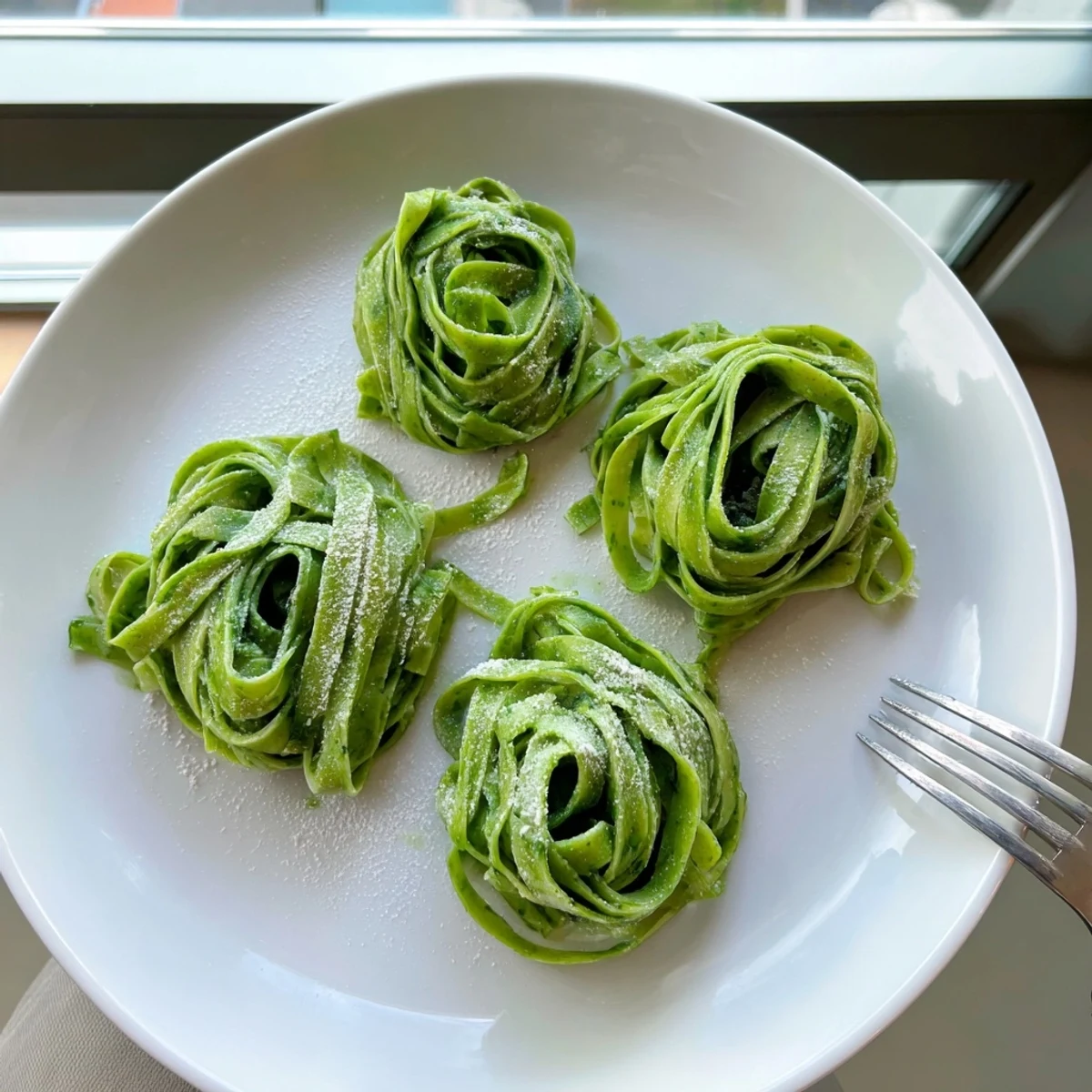Thick-cut spinach pasta noodles arranged in a rustic pile, showcasing the dough's beautiful green hue.