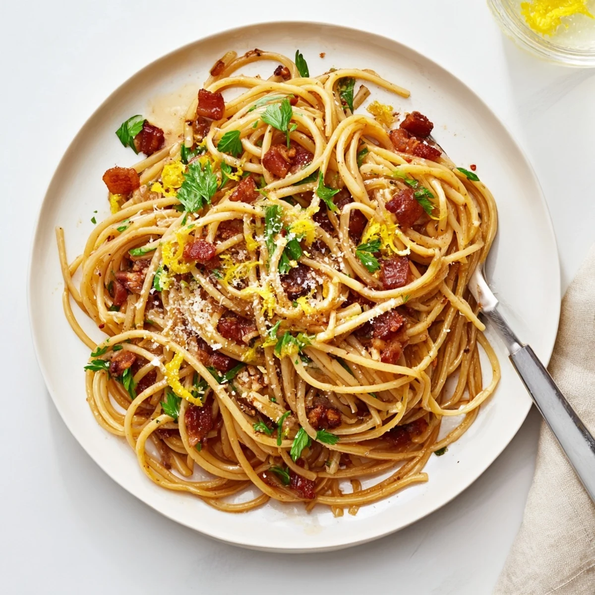 Close-up of Crispy Bacon Linguine showing golden bacon pieces clinging to al dente linguine.