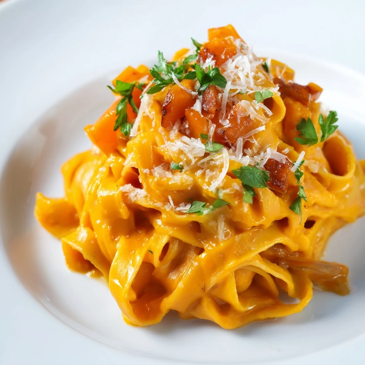 Butternut Squash Pasta is served in a shallow bowl, the creamy roasted sauce clinging to silky fettuccine and garnished with fresh parsley.  