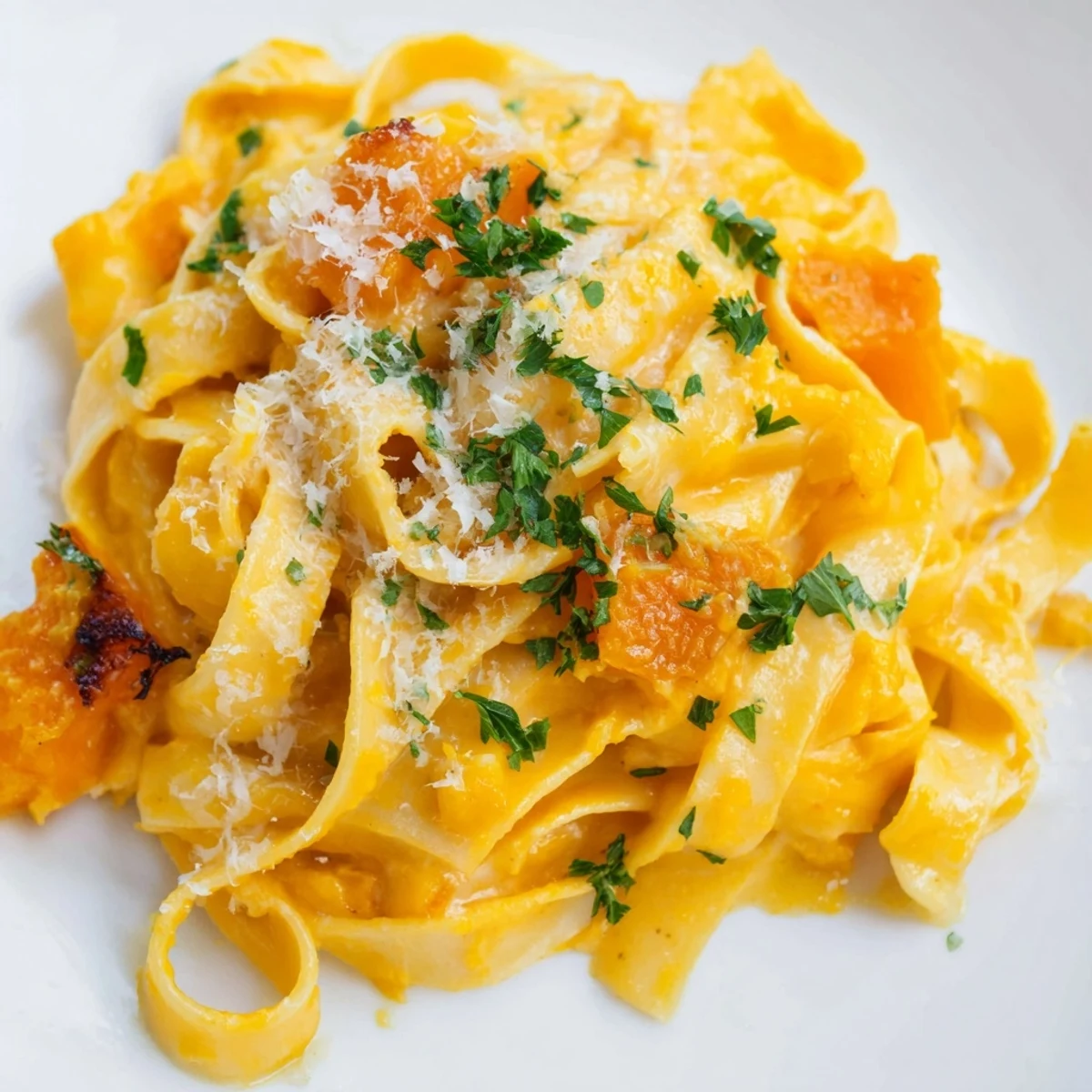 A close-up of creamy Butternut Squash Pasta twirled on a fork, showing the velvety roasted sauce and a sprinkle of Parmesan.  