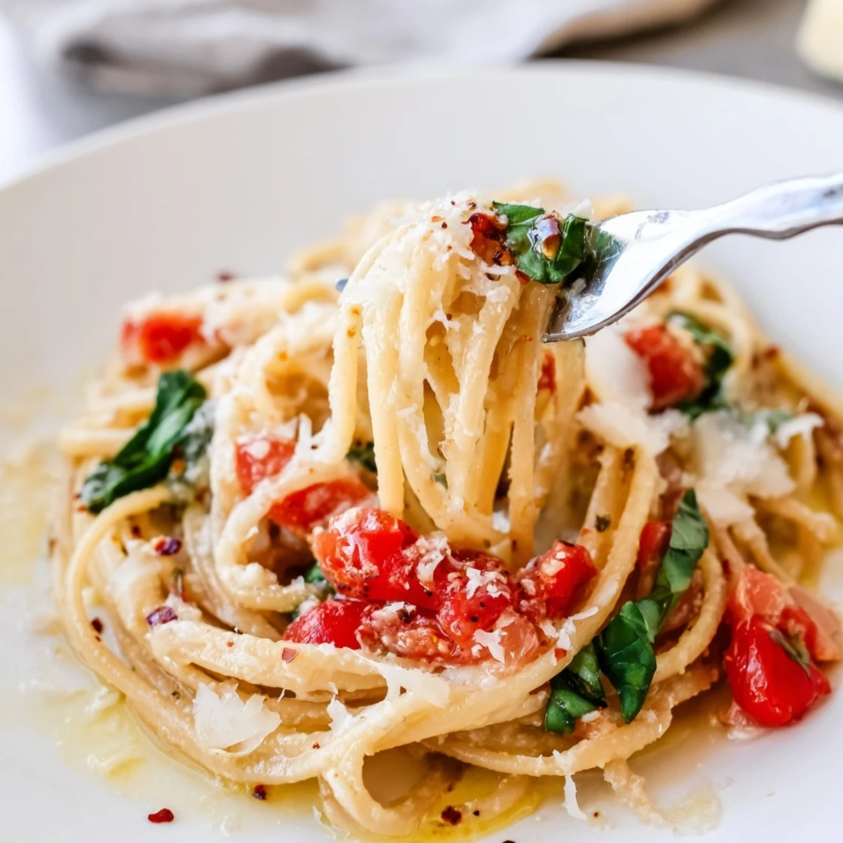 Close-up of Roasted Garlic Pasta Sauce coating fettuccine, with caramelized garlic cloves visible in the creamy texture.  