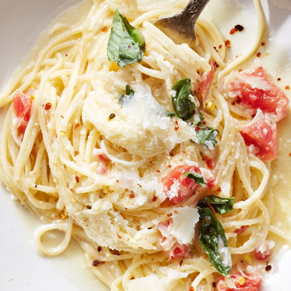 Roasted Garlic Pasta Sauce in a white bowl, garnished with fresh basil and Parmesan, steaming warmly.  