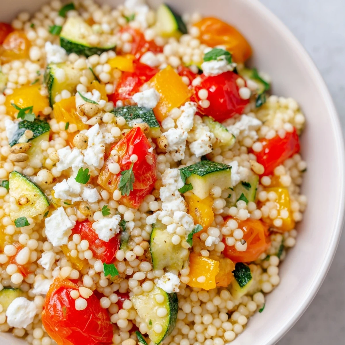 Vibrant Roasted Veggie Couscous Salad tossed with fresh parsley and mint, ready to eat at room temperature.