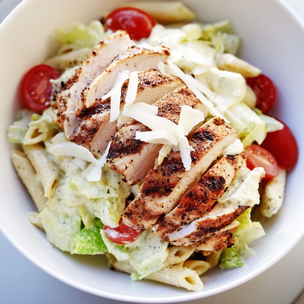 Close-up of Spicy Chicken Caesar Pasta showing golden-brown grilled chicken, shaved Parmesan, and croutons nestled in a colorful, dressed pasta salad.  