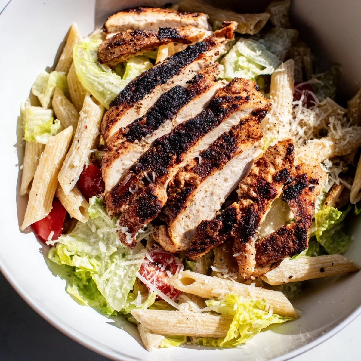 Spicy Chicken Caesar Pasta in a white bowl, featuring grilled chicken slices over creamy pasta tossed with crisp romaine and halved cherry tomatoes.  