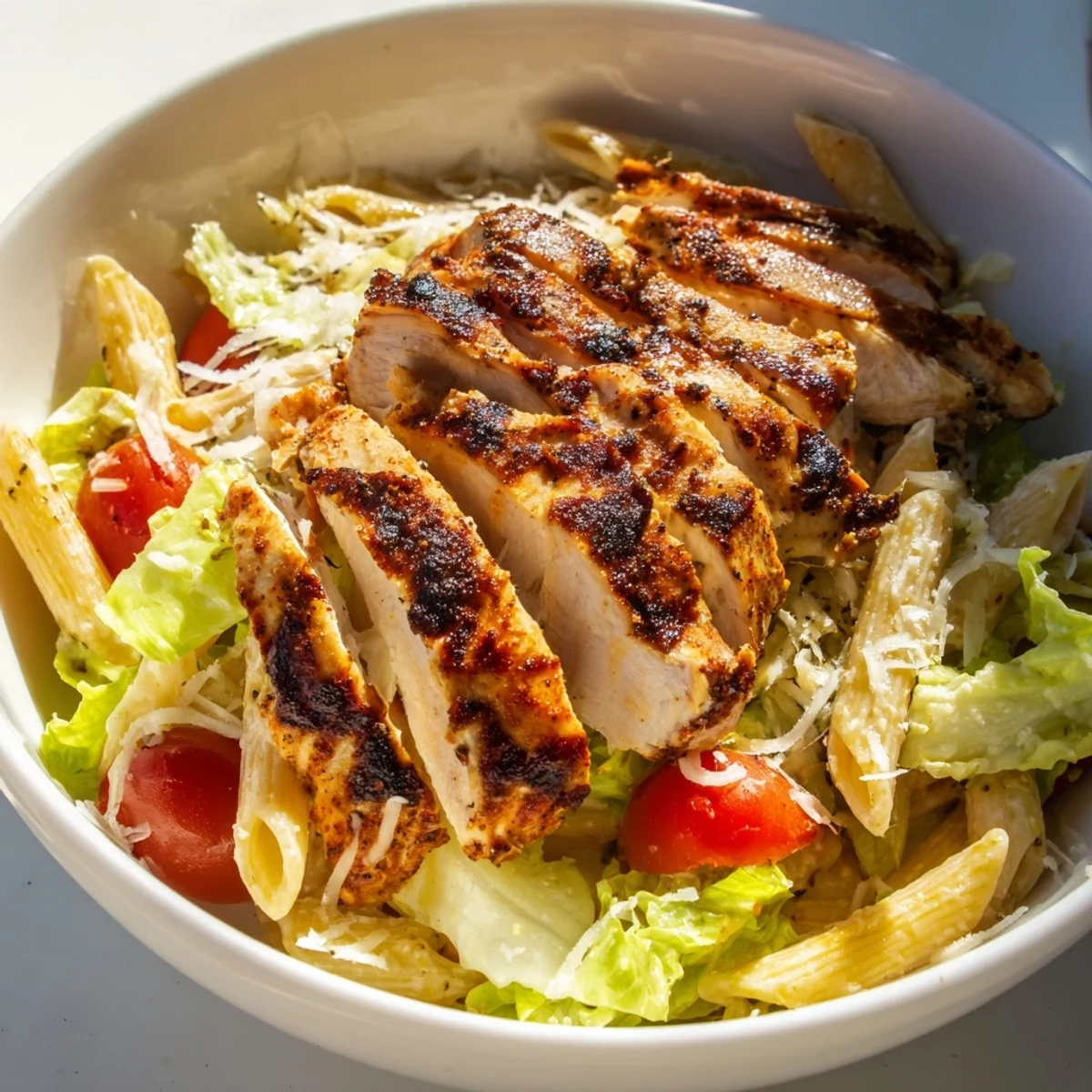 Spicy Chicken Caesar Pasta served warm with a lemon wedge on the side, ready to enjoy for an easy weeknight dinner.
