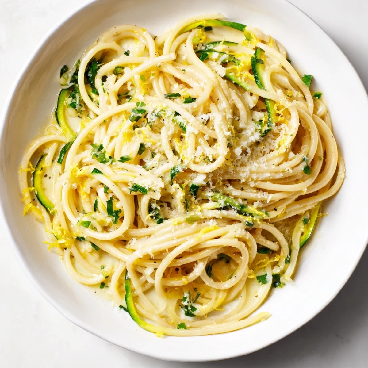 Bright spiralized zucchini noodles and al dente pasta are tossed in a zesty lemon butter sauce, topped with fresh parsley and grated Parmesan in this Lemon Zucchini Pasta.