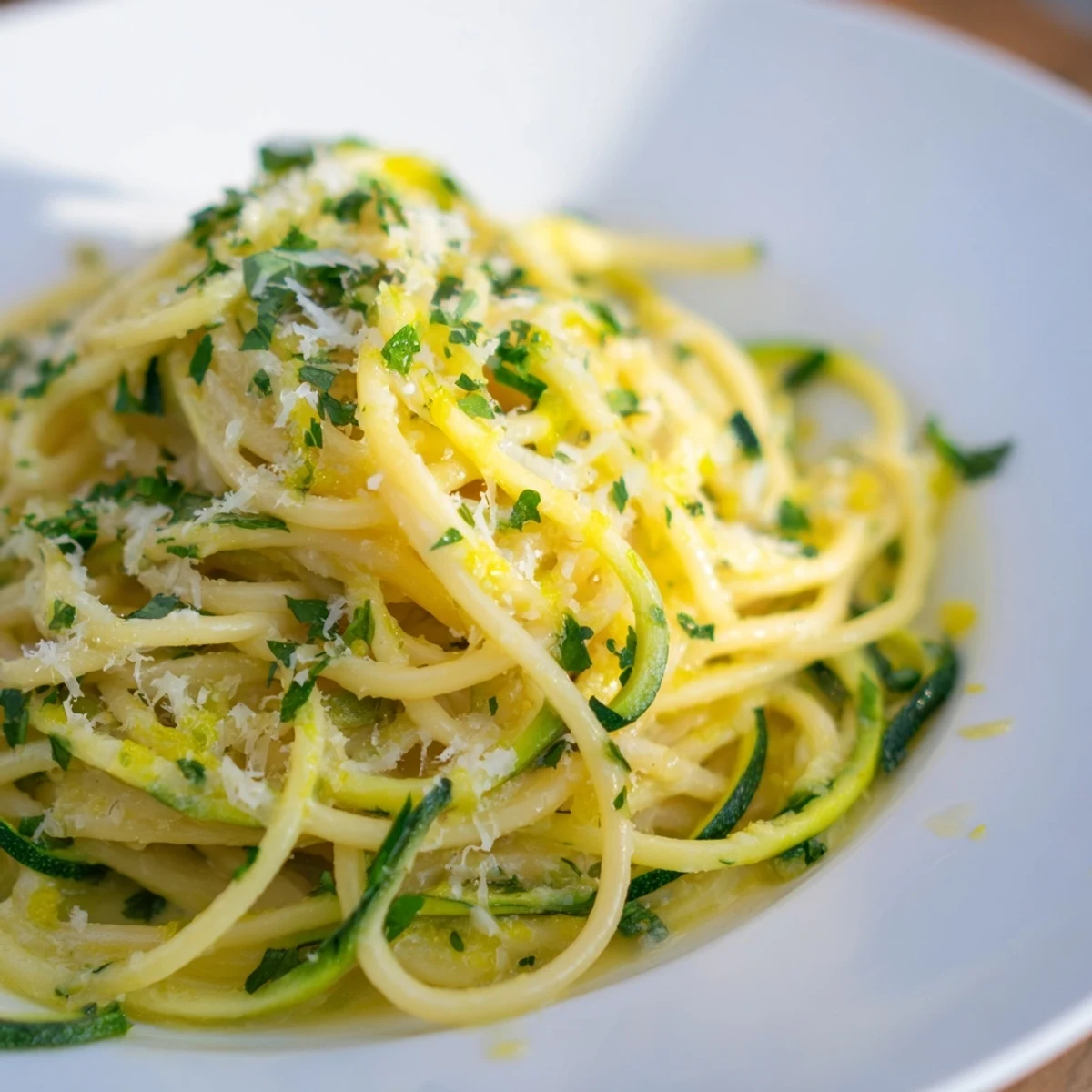 Steam rises from a skillet of Lemon Zucchini Pasta, featuring golden garlic butter, vibrant green zucchini ribbons, and a sprinkle of Parmesan cheese.