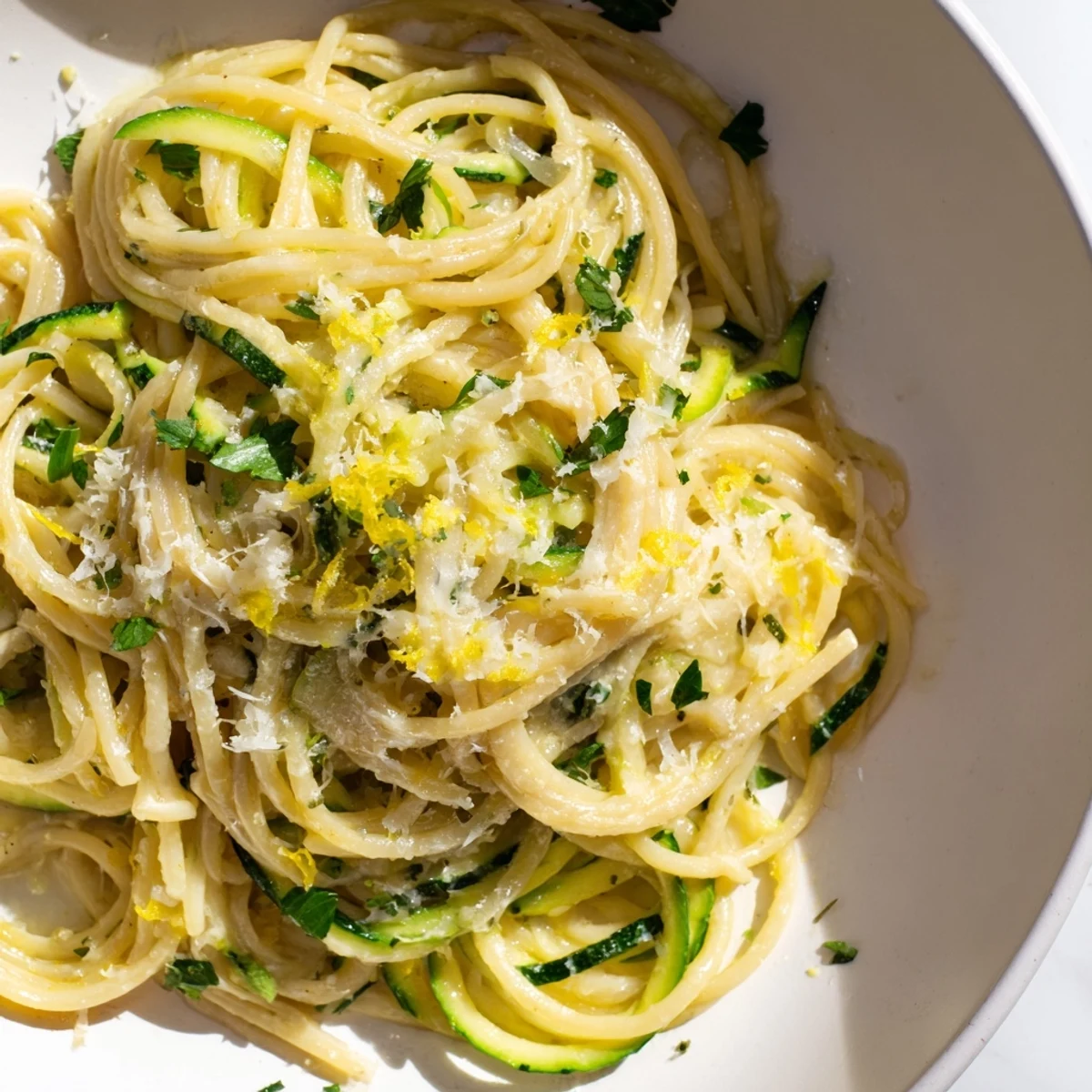 A close-up of a fork lifting a bite of Lemon Zucchini Pasta, with lemon zest, olive oil, and crisp zucchini ribbons in a serving bowl.