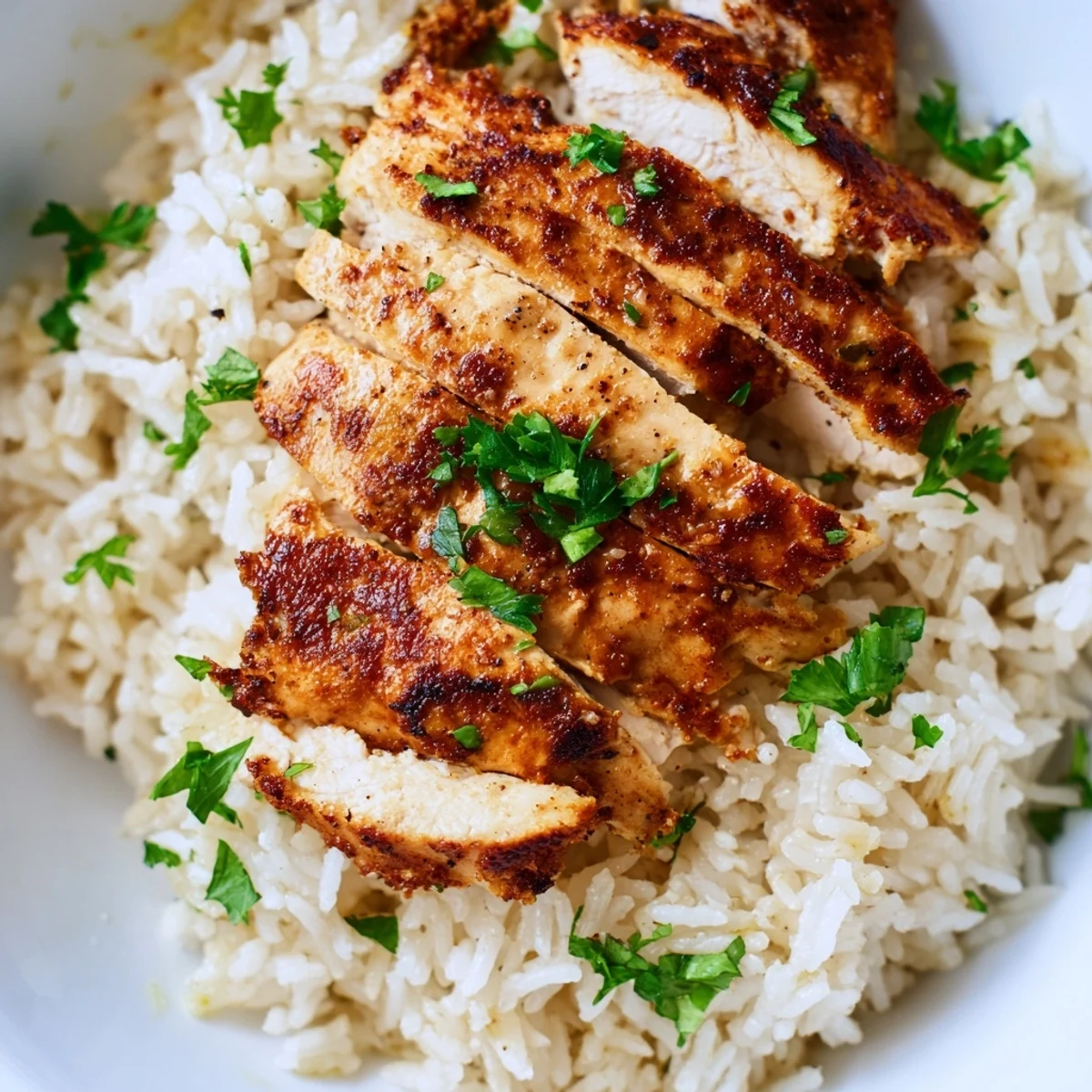 Tender grilled chicken breast slices rest atop fluffy garlic butter rice, garnished with fresh parsley and lemon wedges.
