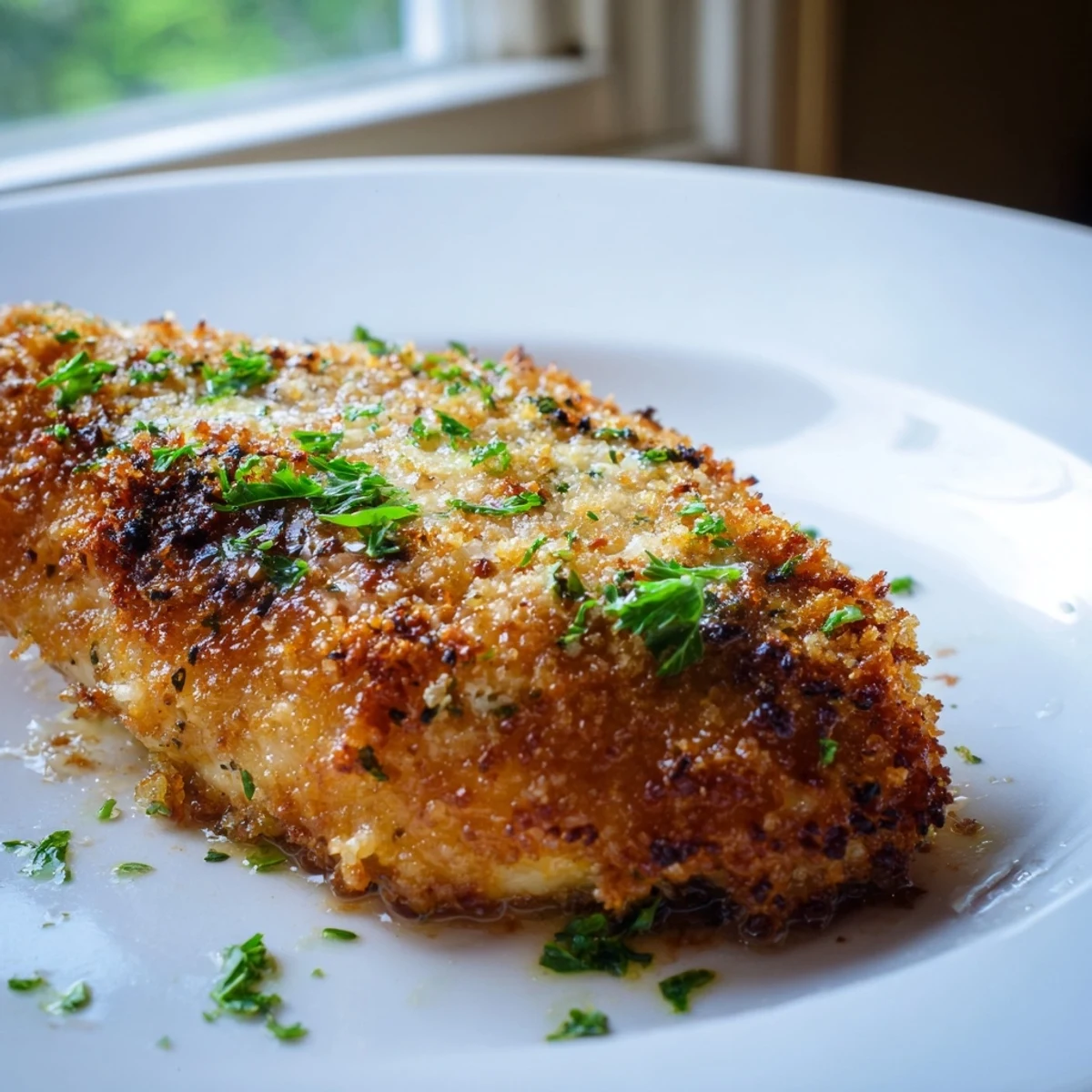 Tender chicken coated in a savory garlic Parmesan breadcrumb mixture, baked to perfection and served hot alongside a simple green salad.  
