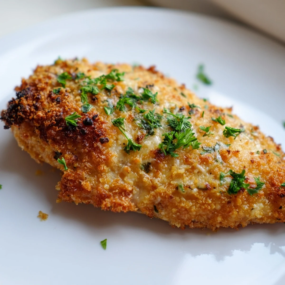 A close-up of juicy roasted garlic Parmesan chicken, garnished with fresh parsley and ready to enjoy as a comforting weeknight dinner.