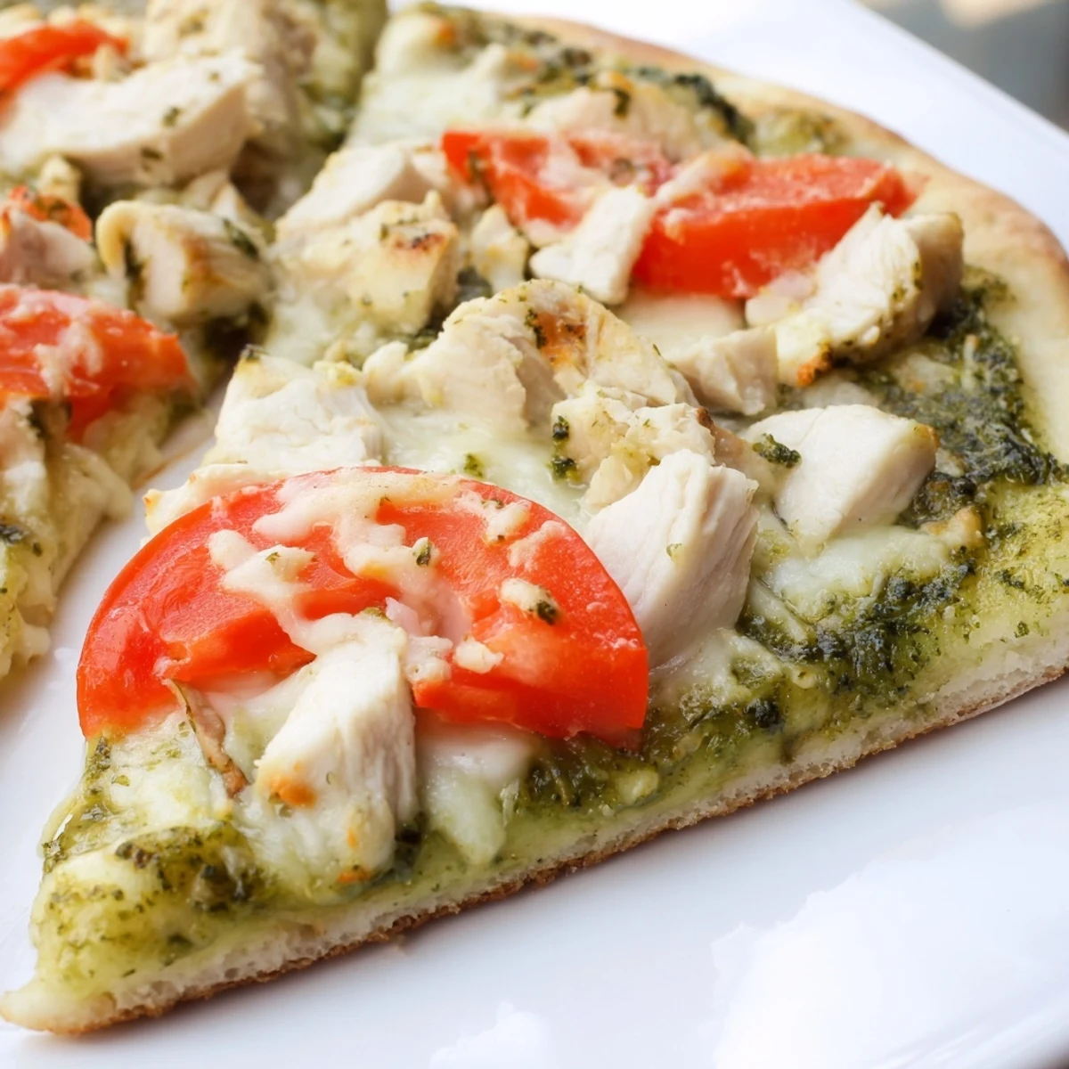 Sliced wedges of Chicken Pesto Pizza on a wooden board, garnished with fresh basil leaves for a classic Italian-American dinner.