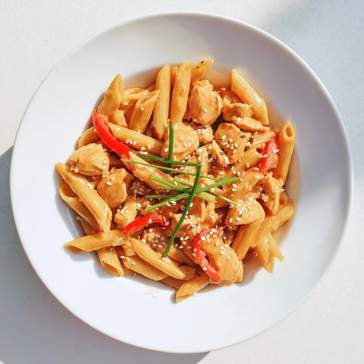Creamy Sweet Chili Chicken Pasta in a white bowl, garnished with green onions and sesame seeds for a flavorful fusion dinner.