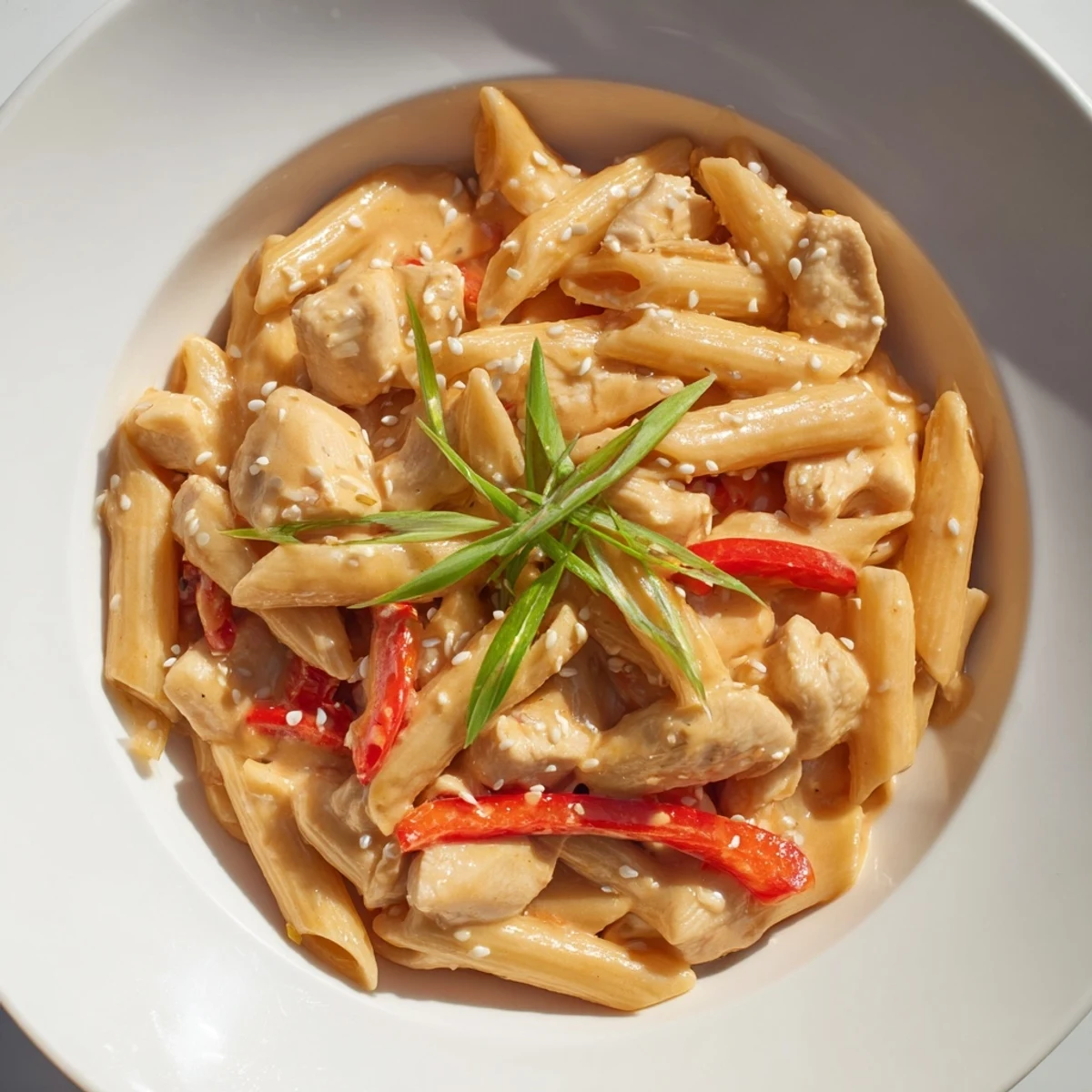 Sweet Chili Chicken Pasta tossed with penne and red bell peppers, steaming with a rich, sweet, and spicy aroma.