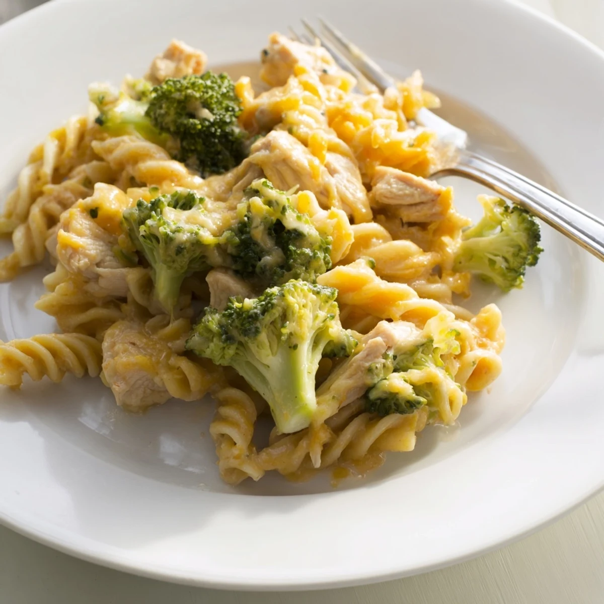 Family-style bowl of Chicken Broccoli Cheddar Pasta with al dente pasta, juicy chicken, and vibrant broccoli florets in a rich, buttery cheese sauce.