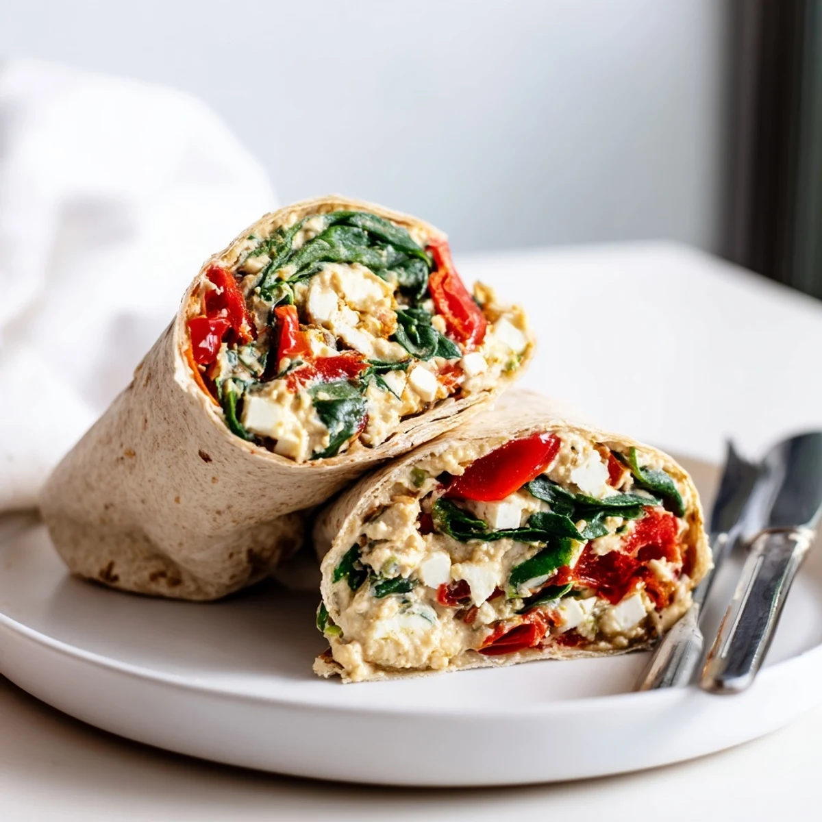 Bright vegetarian Mediterranean Veggie Wrap sliced in half, revealing layers of crisp spinach and tangy feta.