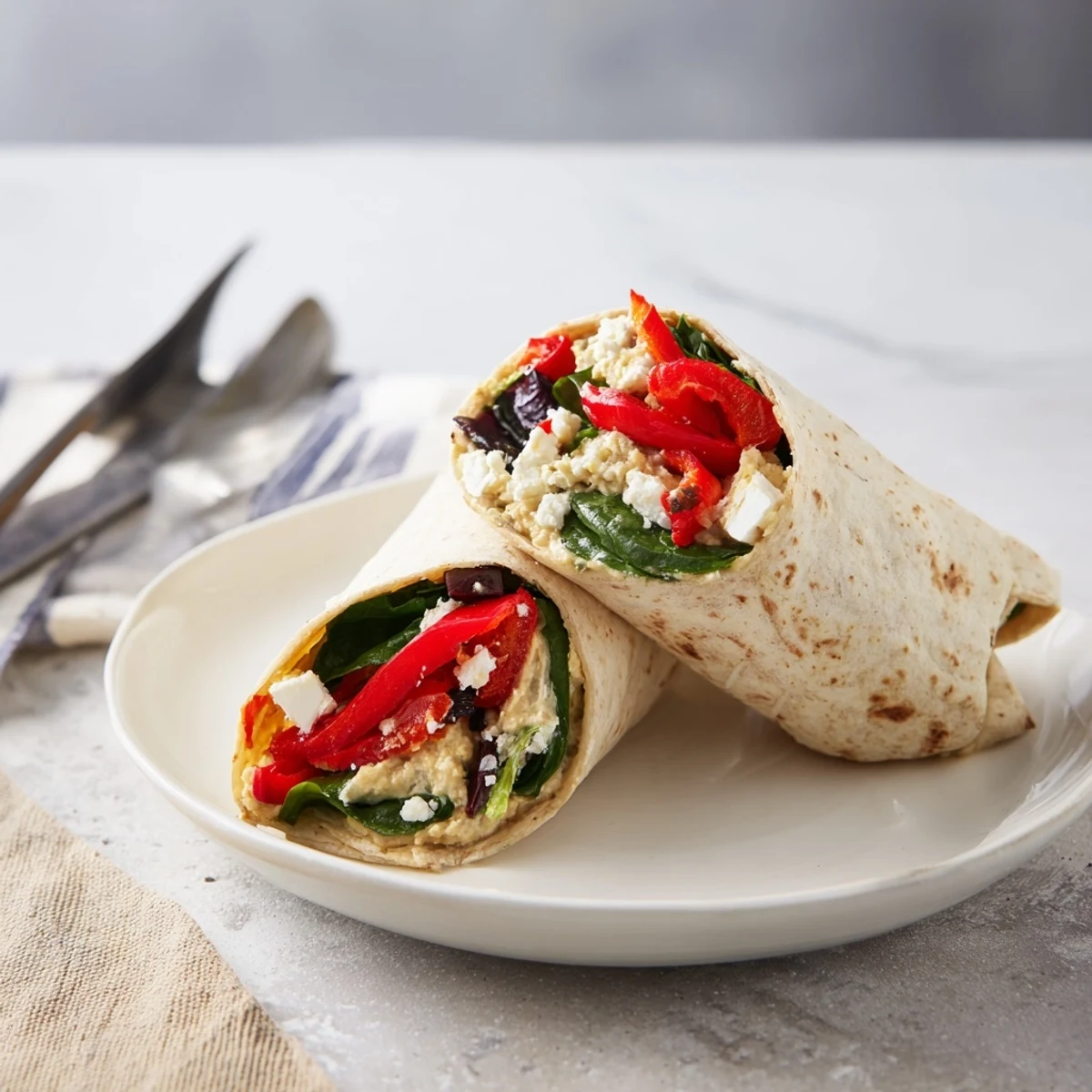 Colorful Mediterranean Veggie Wrap served with fresh vegetables, perfect for a quick and healthy lunch.
