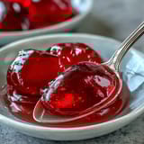 A vibrant, ruby-red guava jelly glistening in a glass jar, perfect for spreading on warm toast or filling pastries.  
