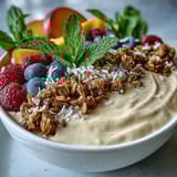 Vibrant tropical smoothie bowl with guava and mango base topped with crunchy granola, fresh berries, and coconut flakes for a refreshing breakfast.