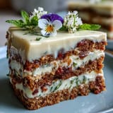 Elegant vanilla cake with whipped cream and pressed edible flowers, perfect for spring celebrations.  