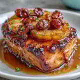 A festive honey glazed ham studded with pineapple rings and cherries, ready to serve.