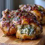 Herb butter roast chicken, golden and aromatic, served on a platter with roasted vegetables and fresh thyme sprigs.