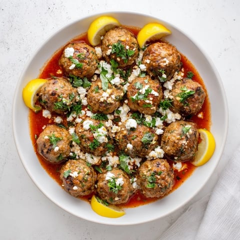 Instant Pot Greek-Style Meatballs, simmering in tomato sauce, ready for creamy feta topping.