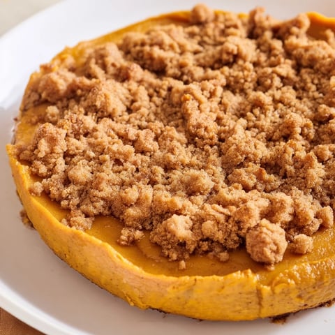 Golden brown pumpkin crisp, warm from the oven, ready to be served with creamy whipped topping.