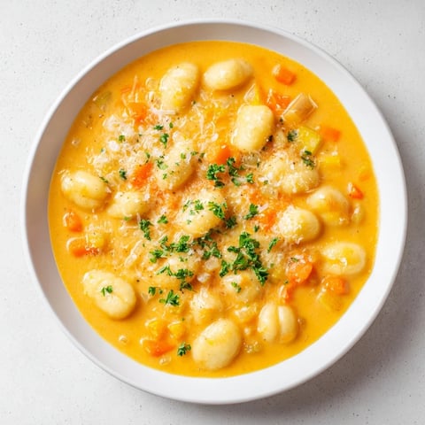 Steaming bowl of Savory Butternut Squash Gnocchi Soup, garnished with Parmesan and fresh parsley.