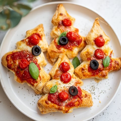 Warm, golden Puff Pastry Christmas Tree Pizza Bites with melted mozzarella, perfect for holiday gatherings.