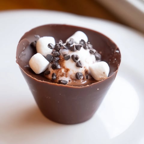 Melted chocolate cups filled with cocoa mix and marshmallows for rich hot cocoa bombs.