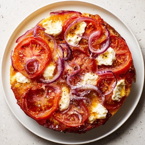Speedy Feta-Free Tomato Bake with bubbling mozzarella, golden Parmesan, and fresh basil garnish.
