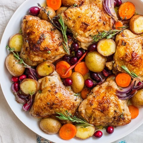 Golden-brown One-Pan Olive Oil Roast Chicken with Cranberries, vegetables, and fruit, ready to serve.
