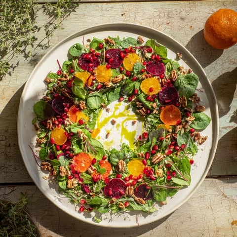 Vibrant Pomegranate Feta Wreath Salad, a festive Mediterranean delight with juicy pomegranate seeds.