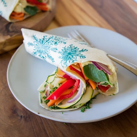 Snowflake Hummus & Roasted Veggie Wrap hack: A colorful wrap overflowing with golden roasted vegetables and creamy hummus.