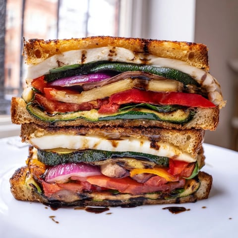 Golden, melty Sheet-Pan Roasted Veggie Caprese Grilled Cheese with vibrant roasted veggies and fresh basil.