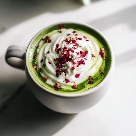 Steaming mug of Cozy Peppermint Matcha Christmas Latte, topped with whipped cream and peppermint sprinkles.