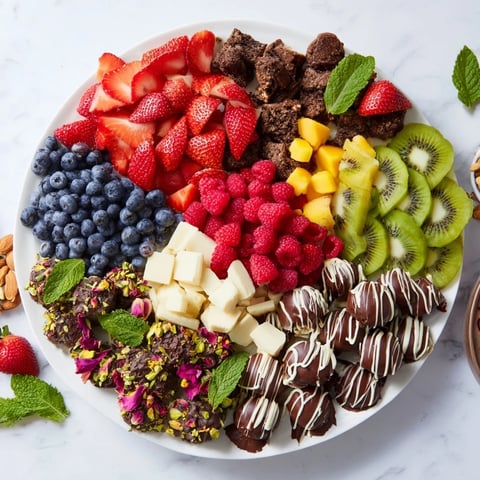 Decadent sweet dessert platter: a symphony of fruits, chocolates, pastries, and drizzles, ready to enjoy.