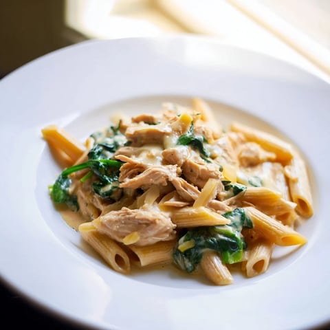One-Pot Creamy Spinach & Turkey Christmas Pasta, a comforting holiday meal with a rich, creamy sauce.