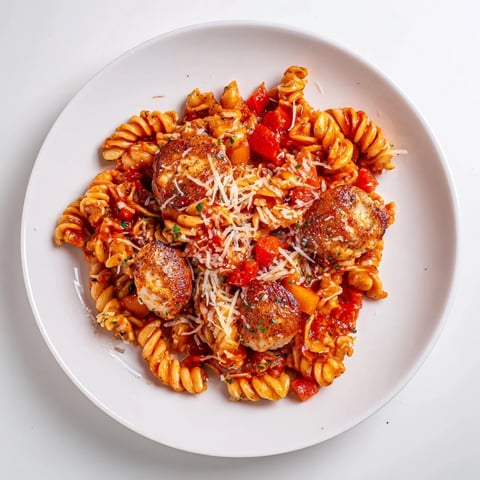 One-Pan Pizza Pasta bubbling with melted mozzarella and perfectly browned chicken showcased.