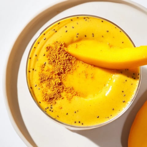 Creamy Mango Turmeric Smoothie, a bright orange drink with layered textures and fresh mango slices.