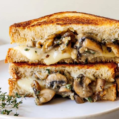 A photo shows a creamy mushroom grilled cheese, boasting golden, crusty bread and gooey, melted cheese.
