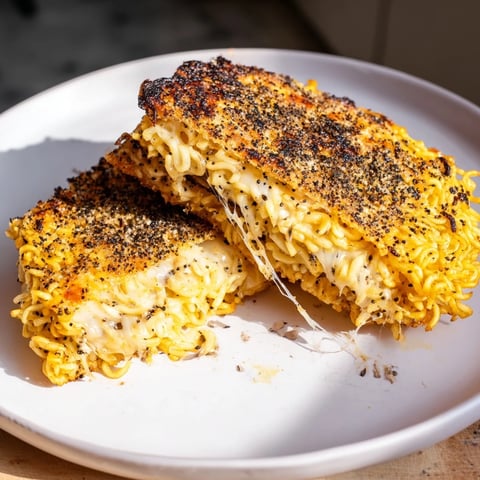 Golden, crispy Ramen Grilled Cheese sandwiches with ooey-gooey cheese in a delicious close-up shot.