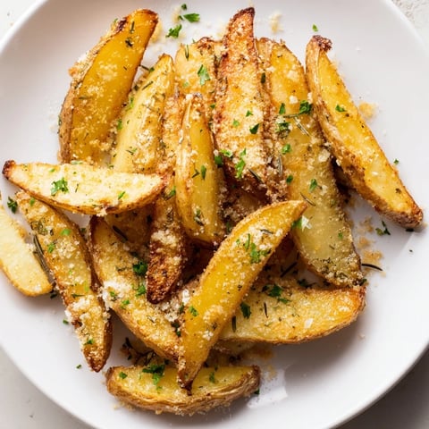 Golden and crispy Rosemary Parmesan Potato Wedges sprinkled with fresh Parmesan, ready to serve warm.