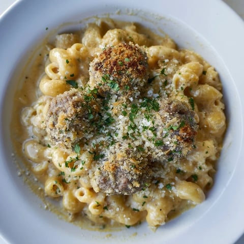 Golden-topped Mac & Cheese Meatball Bake, bubbling hot, ready to scoop and serve family style.