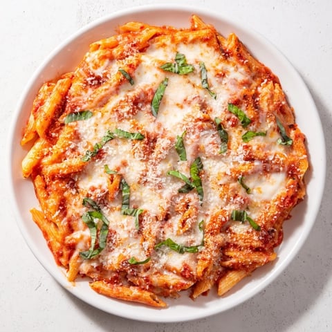 Golden, bubbly Baked Penne Arrabbiata, a spicy pasta bake with melted mozzarella and Parmesan, ready to serve.