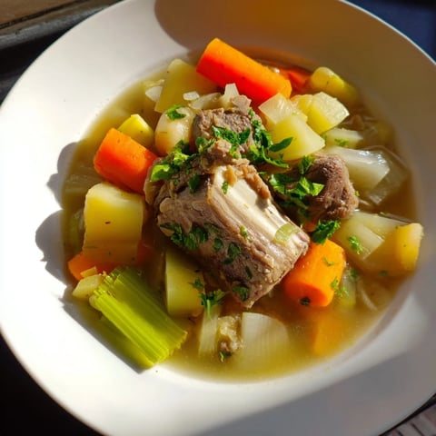 A steaming bowl of Welsh Cawl stew, with tender lamb and hearty vegetables for a cozy meal.