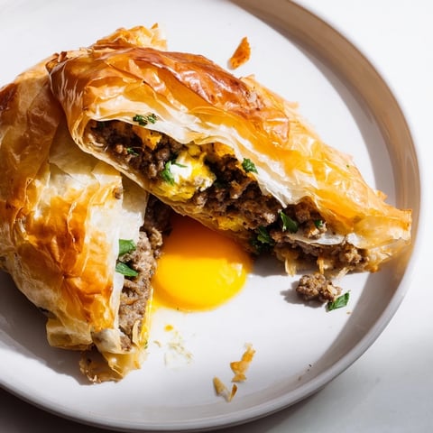 Golden-brown Tunisian Brik pastry, with a crispy shell and a runny egg inside, is ready.