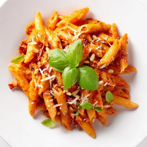 Freshly cooked Sun-Dried Tomato Pesto Pasta twirled onto a fork, glistening with vibrant red sauce and topped with basil and pine nuts.  